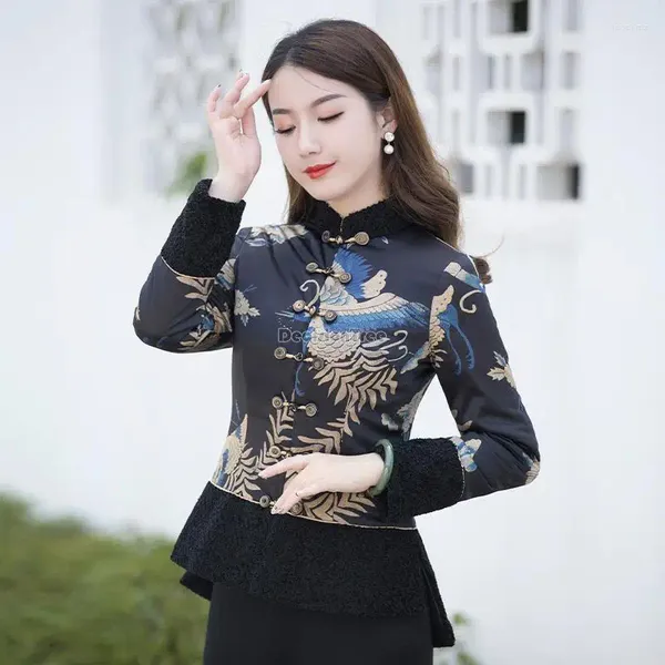 Etnik Giysiler 2024 Kış Kırık Pamuklu Stand Yakası Tang Suit Ceket Cheongsam Stil Bluz Çinli Kadınlar W63