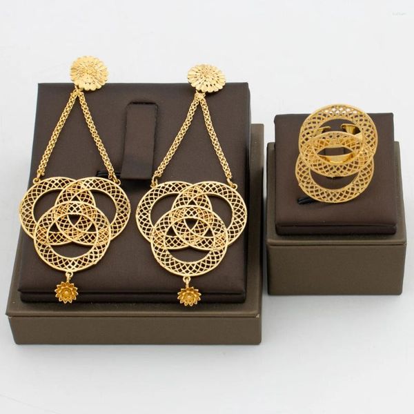 Conjunto de brincos de colar tendência cor dourada argola e anel joias redondas de luxo para mulheres design queixo longo festa de casamento nupcial