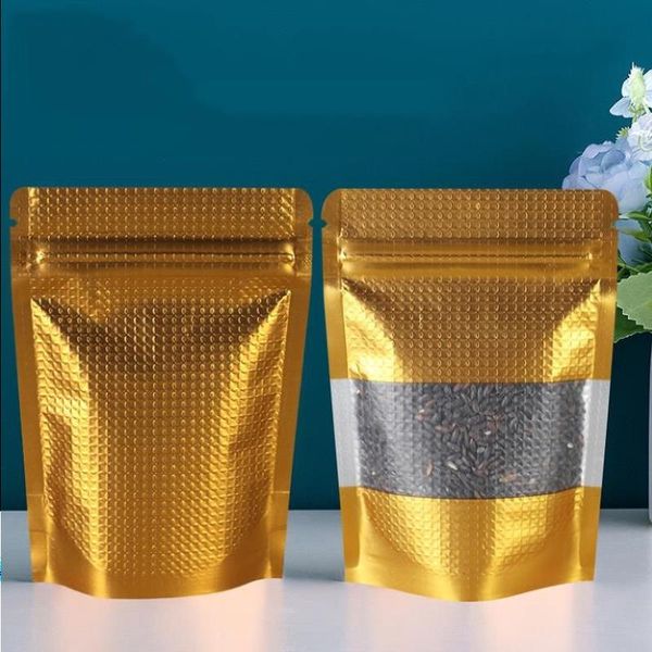 100pcs / lot 10 * 15cm Sacs de surface en relief d'or Zip Lock Package Sac Stand Up Refermable Zip Lock Emballage Pochette De Stockage Des Aliments Mylar Sac wi Krcm