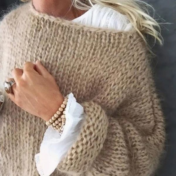 Maglione da donna a maniche lunghe lanterna con collo soffice pullover in mohair fuzzy top e maglia tinta unita oversize maglione allentato 240105
