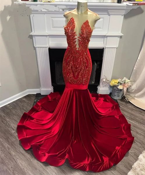 Preciosos vestidos de fiesta de sirena de terciopelo rojo 2024, Top transparente con cuentas brillantes para vestidos de gala de fiesta de noche para niña negra