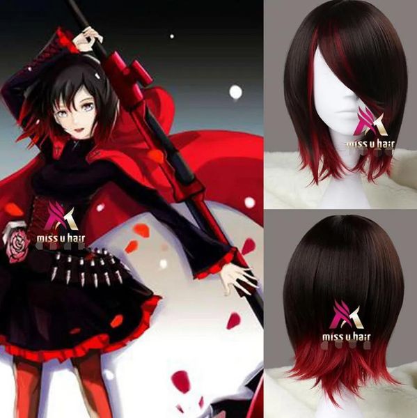 Cappellini RWBY Ruby Breve parrucca lolita sintetica marrone dritto misto rosso sintetico Cosplay Anime