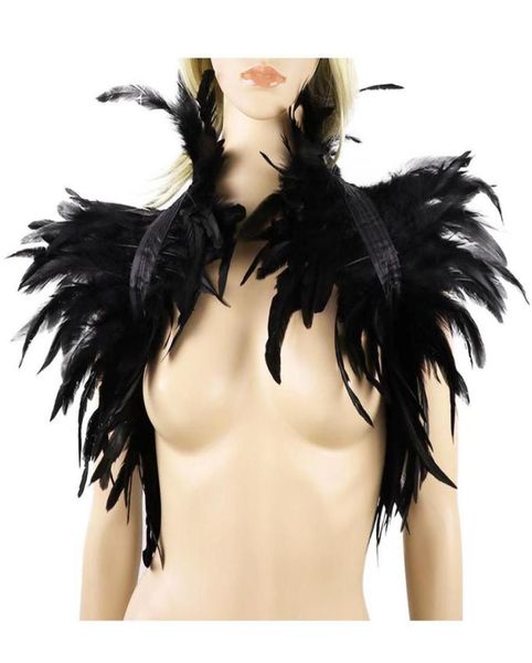 Eşarplar Siyah Doğal Tüy omuz silkme omuz omuz sarsıntıları Cape Gotik yaka cosplay parti gövdesi kafes kablo demeti sütyen kemeri sahte2009068