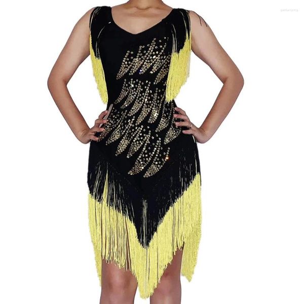 Palco desgaste sem mangas preto brilhando strass amarelo borla sem costas sexy vestido para mulheres jazz latino baile pano trajes cantor