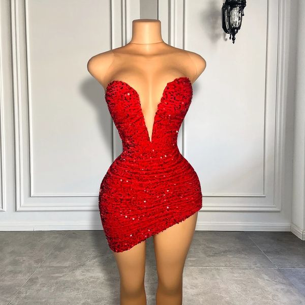 2024 Sheer Mesh Donna Breve Prom Abito Homecoming Carino Velluto rosso Paillettes Nero Girls Club Festa di compleanno Abiti di gala Robe De Soriee