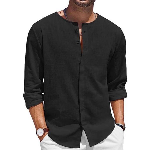 Новая мужская модная тенденция, свободная хлопковая льняная рубашка с длинными рукавами и воротником на пуговицах, повседневная мужская пляжная рубашка