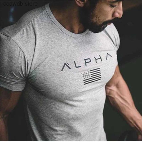 Homens camisetas Homens Quick Dry Fitness Tees Esporte Ao Ar Livre Correndo Escalada Mangas Curtas Carta Impressa Camisa Calças Bodybuilding Homens Sob Ski T240105