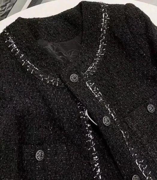 Jaquetas femininas 2024 luxo preto brilhante seda lã casaco curto outono e inverno grosso tweed listra jaqueta de malha cardigan