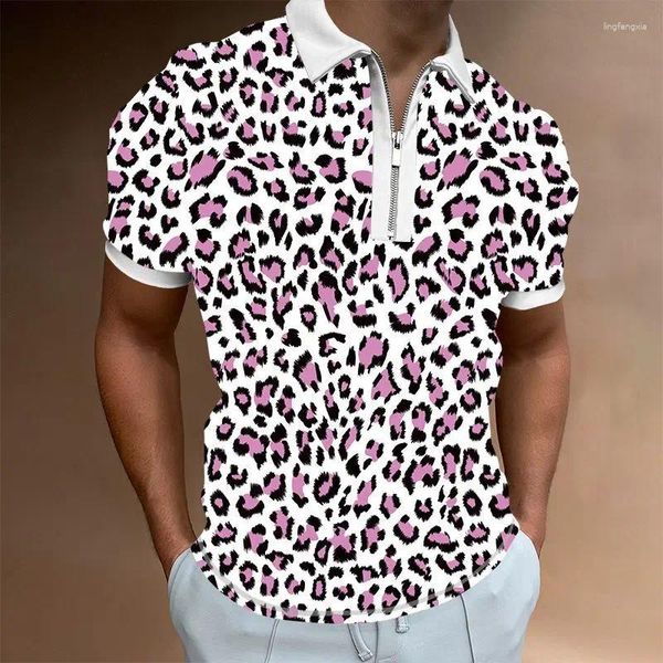 Polos masculinos padrão 3d camisas polo verão zíper camisa de manga curta gola flip casual camiseta ropa hombre masculina