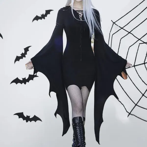 Casual Dresses Halloween-Kleid, lange Fledermausärmel, dunkler Stil, unregelmäßige Manschette, Schnürhülle, schmale Passform, über dem Knie, Party, Cosplay-Kostüm