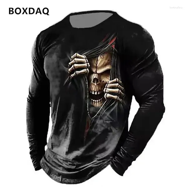 Homens camisetas Horror Crânios 3D Impressão Homens Estilo de Rua Camisetas Primavera Outono Manga Longa Esqueleto Padrão Homem Casual Tees 6XL Tamanho Grande