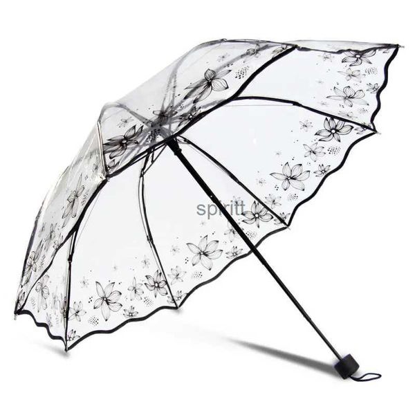 Guarda-chuvas transparente engrossar três dobras mulheres chuva guarda-chuva romântico pvc claro guarda-chuvas automáticos flor impresso guarda-chuva para meninas crianças yq240105