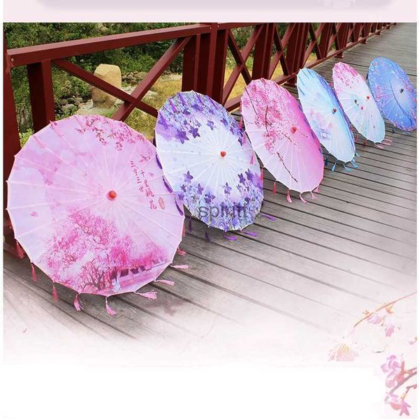 Guarda-chuvas estilo chinês aberto longo 70 cm guarda-chuva de seda impresso antigo fotografia borla guarda-chuva desempenho dança guarda-chuva YQ240105