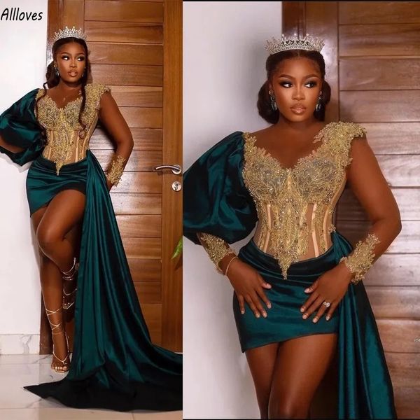 Aso Ebi Hunter Green Elegantes kurzes Mini-Abendpartykleid aus Satin für Frauen Goldapplizierte Spitze mit Perlen verzierte formelle Kleider mit langen Puffärmeln Plus Size Vestidos CL3164