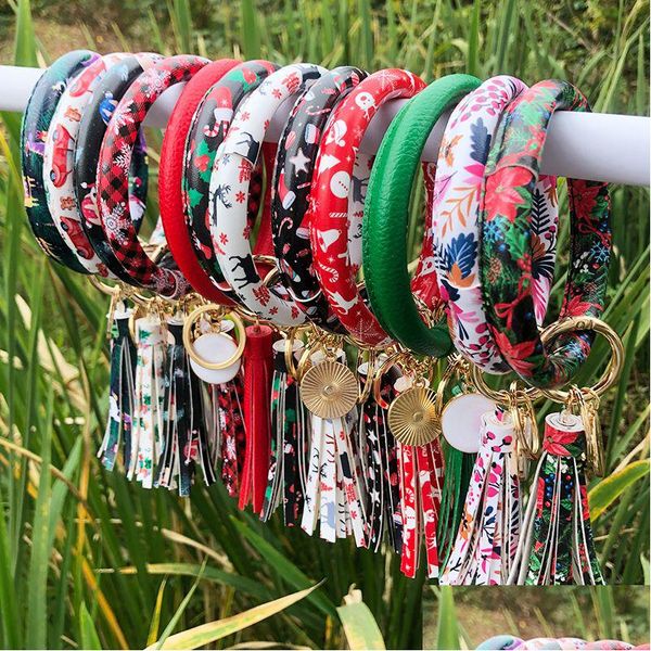 Chaveiros Lanyards Estilos de Natal Sol Flor / Bandeira Padrão Couro Envoltório Borlas Pulseiras Chaveiro Pulseira Pulseira Borla Rodada Dhuxv