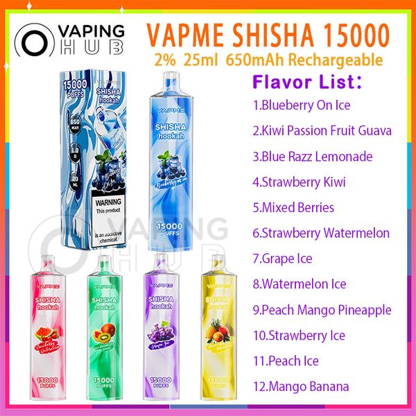 Оригинальные одноразовые электронные сигареты VAPME SHISHA 15000 Puff, сетчатая катушка 0,6 Ом, капсула 25 мл, аккумулятор 650 мАч, перезаряжаемые электронные сигареты, 12 слоеных ароматов, 15K, 2% комплект Vape Pen