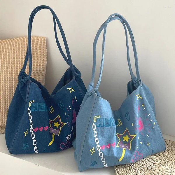 Sacos de noite Grande capacidade feminina estrela bolsa de ombro retro denim senhoras eco compras cor sólida commuter faculdade meninas tote bolsas