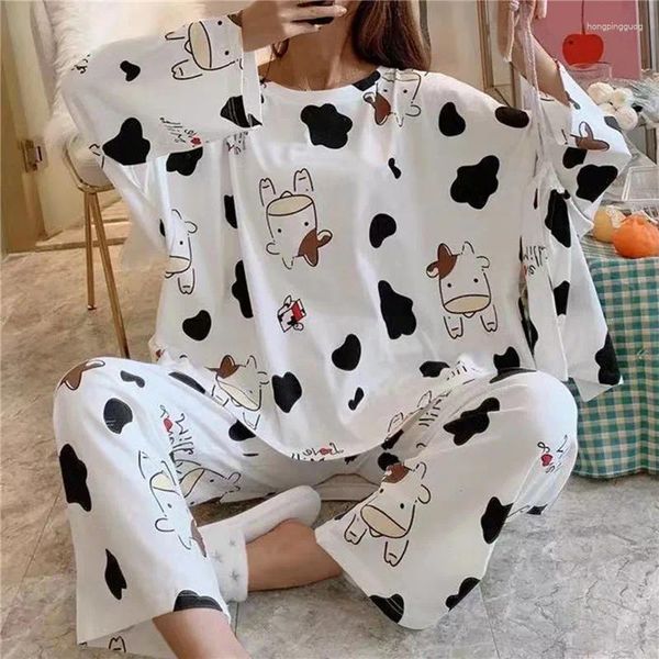 Pijamas femininos primavera bonito dos desenhos animados vaca impressão pijama conjunto feminino de duas peças conjuntos de roupa interior de manga longa