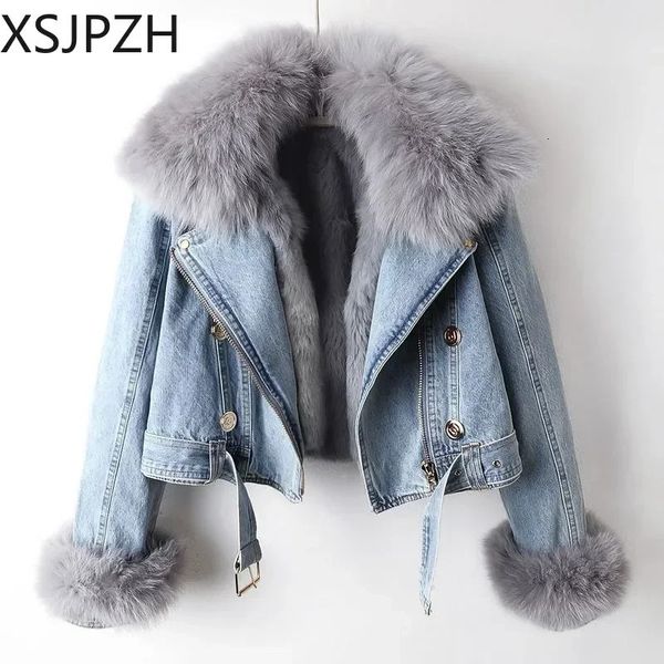 Mulheres gola de pele de raposa jean casaco feminino curto quente parkas coelho forro de cabelo outwear moda grosso casaco inverno 240105