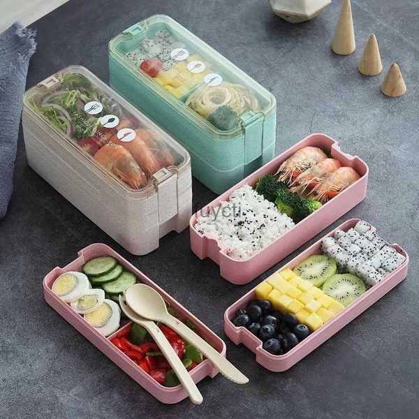 Bento caixas bento box microondas seguro bpa livre 3 lancheira empilhável com divisor colher garfo para crianças adultos 1l/33.8oz yq240105