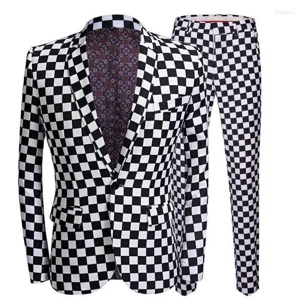 Herrenanzüge Schwarz Weiß Karodruck Herren 2 Stück Hochzeit Bräutigam Abschlussball Party Blazer Sets Terno Masculino Slim Fit Bankett Männer Tücher