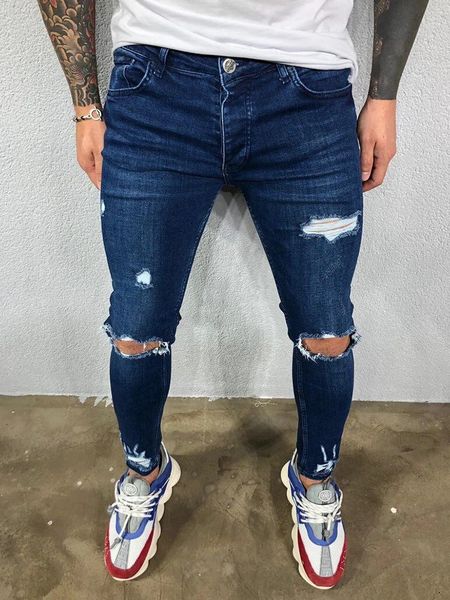 Angustiado Joelho Buracos Elastic Skinny Jeans Homens Rasgado Biker Denim Calças Sólidas Lavadas Streetwear Preto Pantalones Hombre Corredores 240104