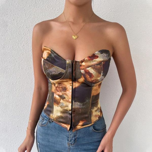 Tanques femininos impressos sexy espartilho bustier vintage sem costas corselet rendas até detalhe de aço espinha de peixe topo de colheita moda fora do ombro