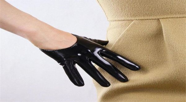 Fingerlose Handschuhe aus Lackleder für Damen, ultrakurz, 13 cm, Nachahmung von Echtleder, helles Schwarz, ungefüttert, Fäustlinge im französischen Stil, für Damen PU184138066