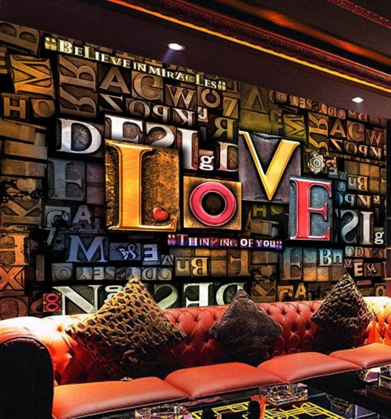 Papel de parede personalizado po 3d estereoscópico em relevo moda criativa letras em inglês amor restaurante café fundo mural decor9532516