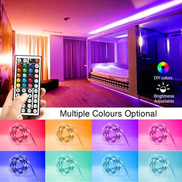 3,3 pés / 10 pés / 16,4 pés / 33 pés / 50 pés / 66 pés Controle remoto IR de 44 teclas, 20 cores estáticas, 8 modos dinâmicos, modo DIY SMD 5050RGB LED Light Strip, para quarto