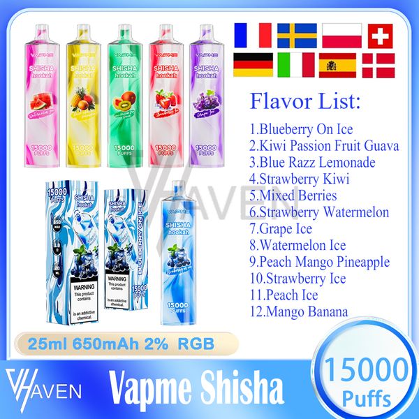 Original Vapme Shisha 15000 Puff Descartável Vape Caneta 25ml Pod Pré-cheio 650mAh Bateria Recarregável 2% Nível Puffs 15k E Cigarro 12Flavours kit