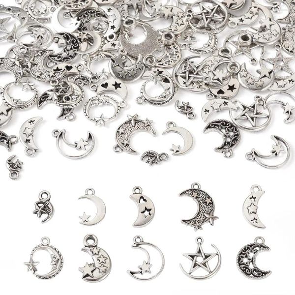 Anhänger Halsketten Pandahall 1 Box Mond mit Stern Tibetischer Stil Legierung Antik Silber Farbe Metall Charm für Halskette Ohrring Schmuckherstellung