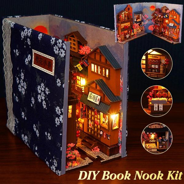 Diy livro nook kit 3d quebra-cabeça de madeira estante inserção decoração com luz led mini casa de boneca modelo estante decoração para casa presente 240105