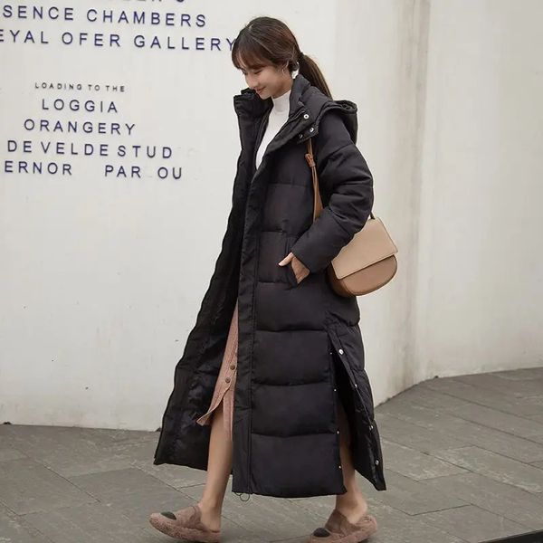 Kadınlar pamuklu ceketli ceket kış Kore tarzı kalınlaşmış uzun ceket gevşek ekstra uzun kneehigh pamuklu ceket kavrama 240105