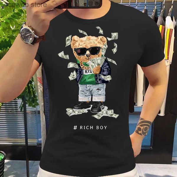 T-shirt da uomo Divertente Skateboard Bear T-shirt Harajuku Streetwear Tee T-shirt in cotone Moda manica corta Believe RICH BOY T-shirt Abbigliamento T240105