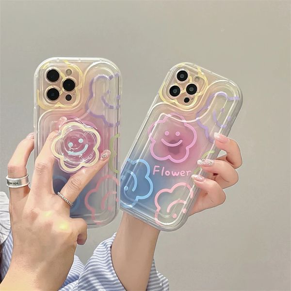 Koreanischer Sonnenblumenhalter Transparente Handyhülle für iPhone 15 14 12 13 11 Pro Max Plus Mädchen Niedlicher Blumenständer Klare Softcover