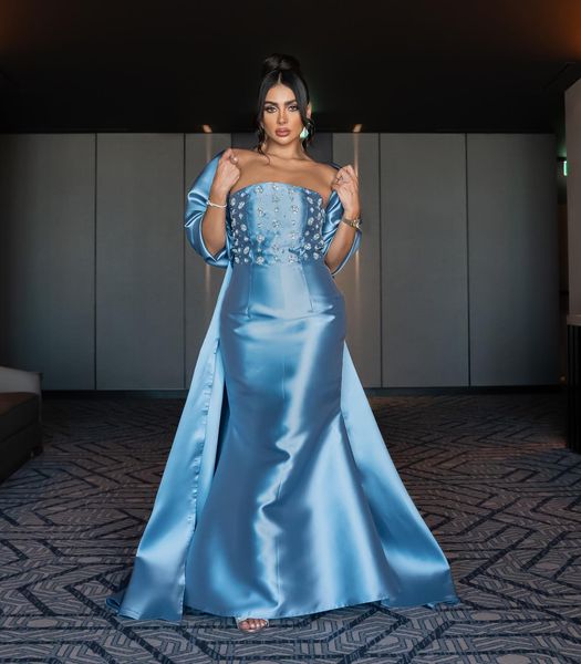 Elegante longo azul vestidos de noite sem alças cetim sem mangas com cabo sereia até o chão vestidos de festa feitos sob encomenda