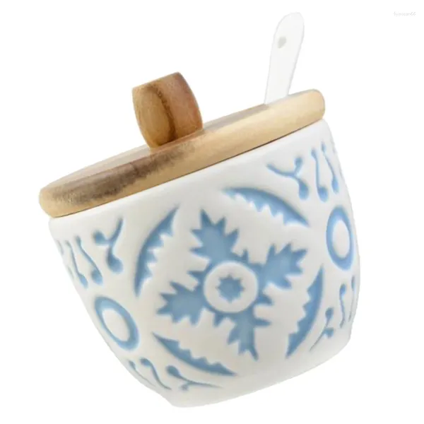 Conjuntos de louça de cerâmica Caixa de tempero de porcelana Condimento Jar Recipiente com tampa Colher Cozinha Cruet Pot Bandeja Sal Cellar Sugar Bowl