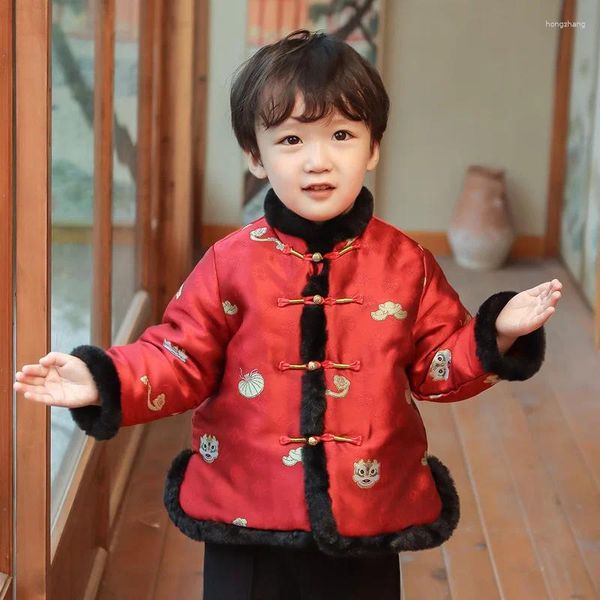 Ethnische Kleidung Kinder Tang-Anzug Tops Jacke Exquisite rot bestickte Löwe Yuanbao Mantel Winter verdickte Hemd chinesischen Stil Jahr Kostüm