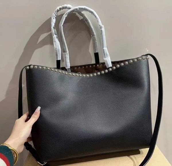 Schultertaschen Damen Shopping Nieten Braun RockstudS Tragetaschen Leder Umhängetasche Tote einseitig Echte Handtasche