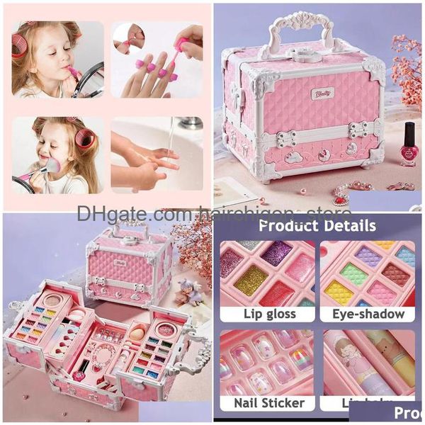 Haartrockner Make-up-Set für Mädchen Box Koffer Waschbar Kit Fl Lippenstift Lidschatten Nagellack Aufkleber Kind Spiel Spielzeug Geschenk 231023 Drop Dh02P