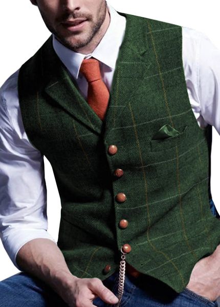 Gilet da uomo Gilet con intaglio scozzese in lana a spina di pesce Gilet in tweed Casual Formale Business Groomman per matrimonio Verde / Nero / Verde / Grigio 240104