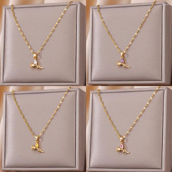 Anhänger Halsketten Romantische Gold Farbe Rose Ohrring Halskette Für Frauen Edelstahl Kette Wasser Tropfen Zirkon Set Schmuck Geschenk