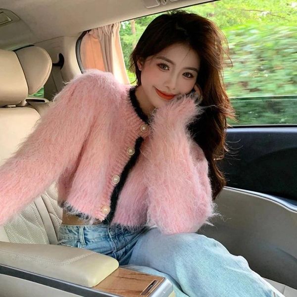 Frauen Strick Süße Weibliche Koreanischen Stil Pullover Taste Lange Hülse O-ansatz Block Farbe Gestrickte Cardigans Rosa Dame Kurze Pelz mäntel