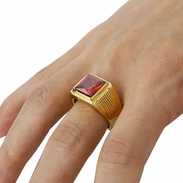 Gioielli Anello con pietre da uomo Anelli con fascia da dito semplici con zirconi rossi Anello con fascia nuziale in oro giallo 14k per donna uomo