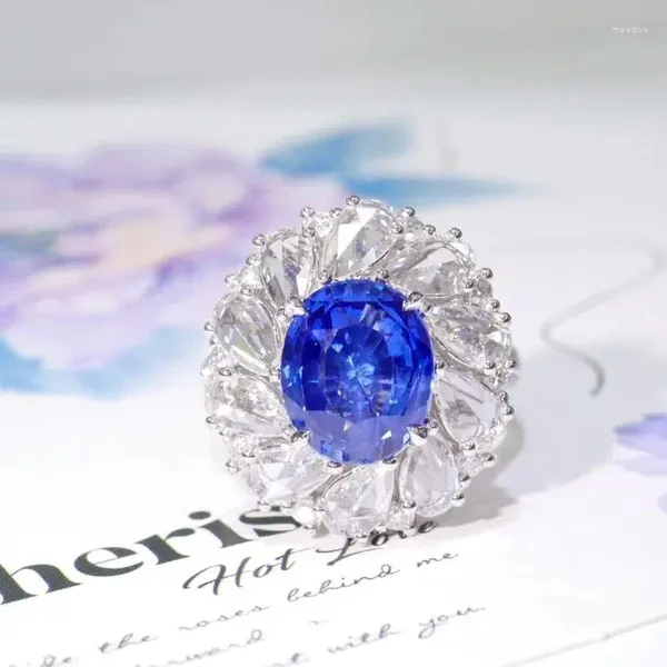 Anelli a grappolo SFL2024 Anello con zaffiro blu da 4,08 ct, vero oro 18 carati, pietra preziosa naturale, fiordaliso, diamanti, pietra femminile