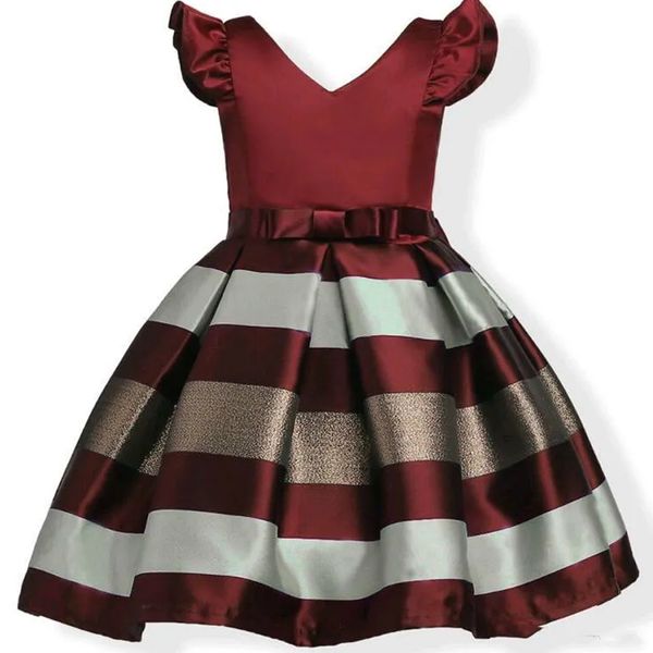 Bebek Kolu Karışık Renkli Çizgili Jakar Kız Elbise Gelinlik Saten Avrupa ve Amerikan Prenses Elbise Prenses Elbise 3-10 yaş arası çocuklar için uygundur.