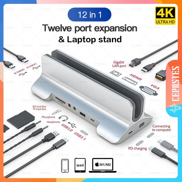 Vertikaler Laptopständer Typ-C HUB Dockingstation 12 in 1 kompatibel 4K HD mit VGA RJ45 USB 3.0 Typ-C PD 100 W Aufladung 240104