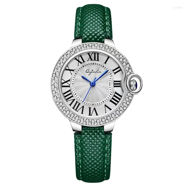 Orologi da polso GUJNLIN Fashion Diamond Set Puntatore blu Night Glow Orologio al quarzo da donna impermeabile Cintura verde 821