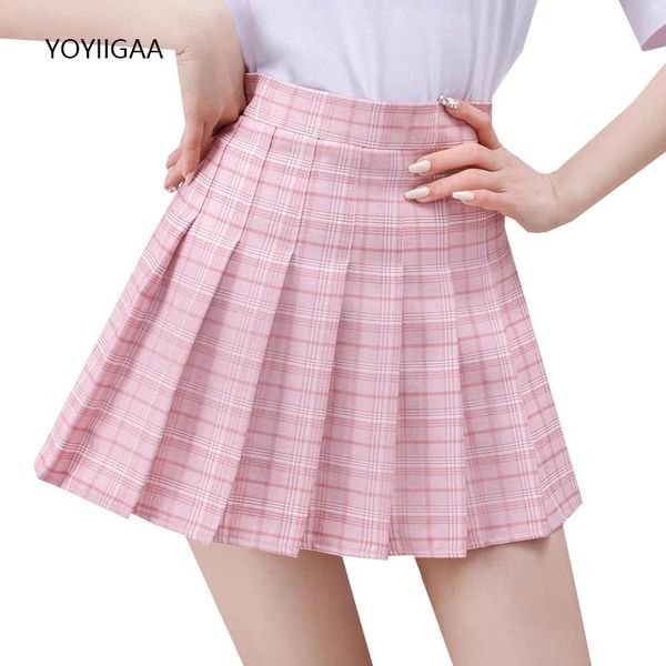 Camiseta verão feminina saias plissadas haruku cintura alta mulher saia xadrez estilo preppy menina dança mini saia casual aline saias femininas